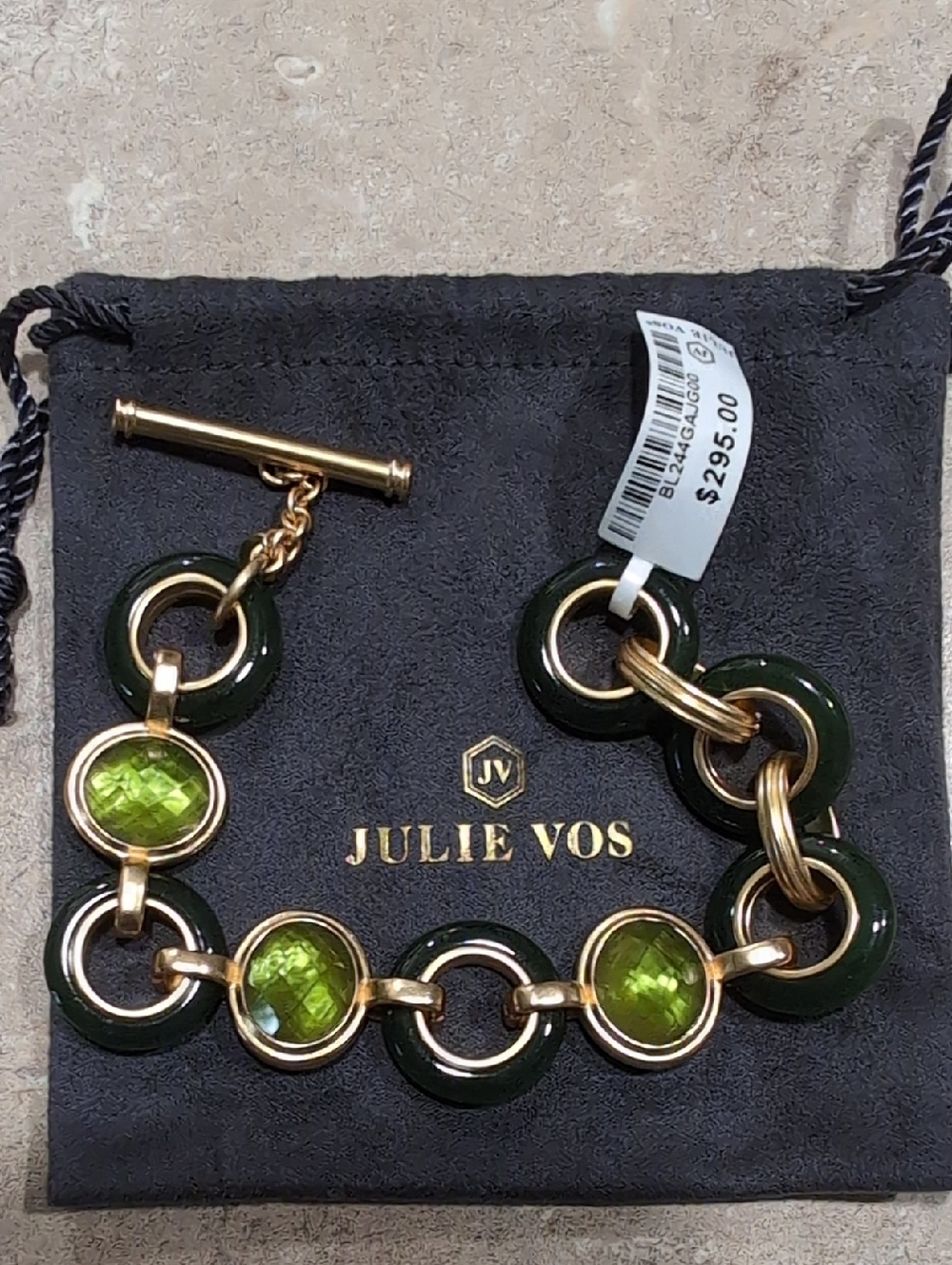 Julie Vos Gold Bracelet with Dark Green Rings & Lime Glass Stones